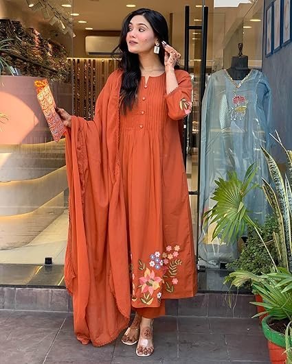 GoSriKi Women's Embroidered Viscose Anarkali Kurta Set with Dupatta - Orange Traditional Festive - Image 5