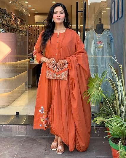 GoSriKi Women's Embroidered Viscose Anarkali Kurta Set with Dupatta - Orange Traditional Festive