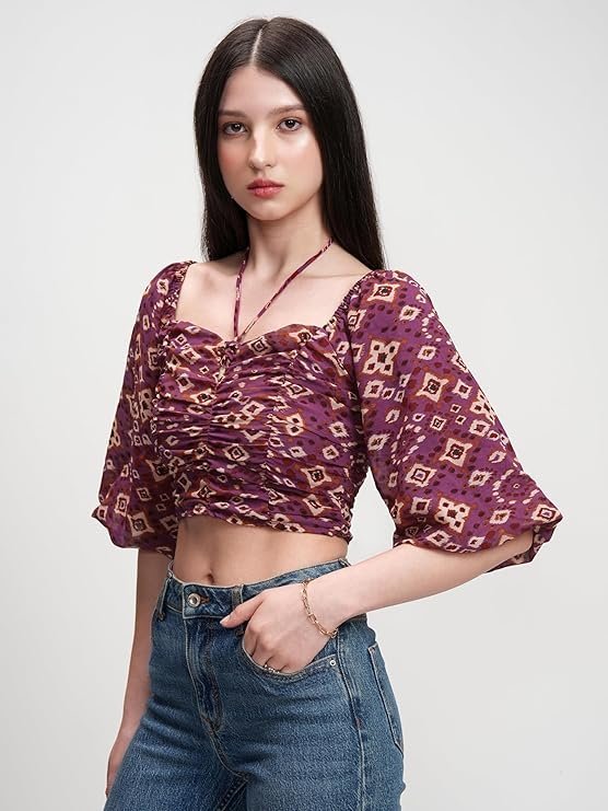 Women's Floral Printfitted Crop Top | Short Puff Sleeves | Chic & Feminine & Square Neck | Tops for Woman | Women Tops | Women Crop Top - Image 2