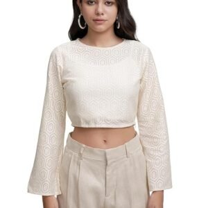 Tokyo Talkies Women's Bell Sleeve Crop Crochet Top | Closed Round Neck | Chic & Bohemian | Perfect for Festivals, Vacations & Casual Outings | Tops for Woman | Women Tops | Women Crop Top