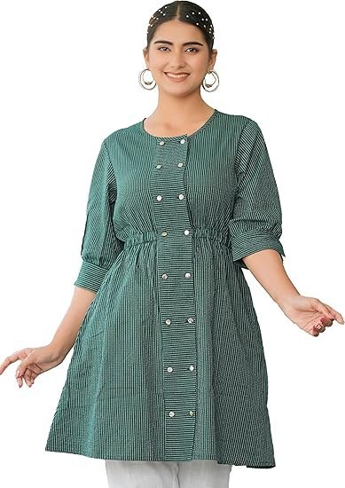 Yash Gallery Women's Kantha Cotton Striped Printed 3/4 Sleeve Round Neck Straight Short Kurta Tops - Image 3
