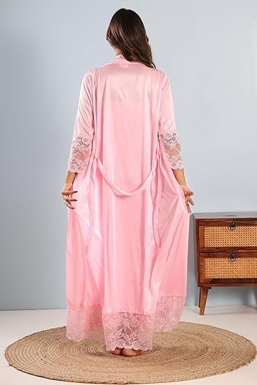House of Elorra Soft Satin Nightgown Swarvoski Crystals Work Women Nighty with Lace and Robe - Image 3