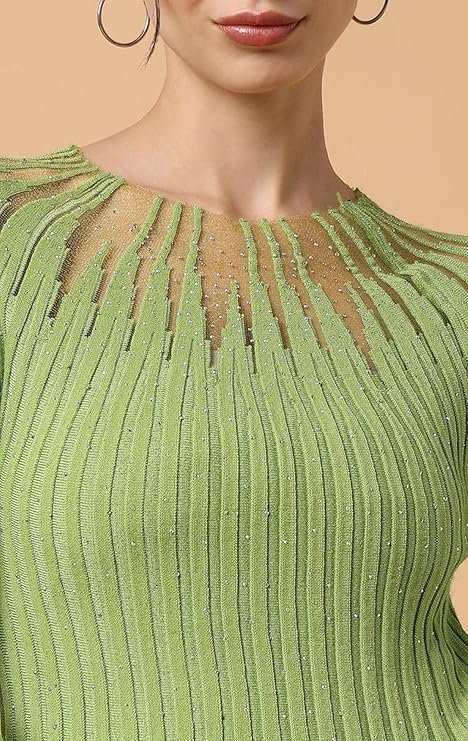 ICW Women Knit Rhinestone Embellised Mesh Crop Top T-Shirt (One Size Bust 28-34 Inch XS-S) 107 - Image 3