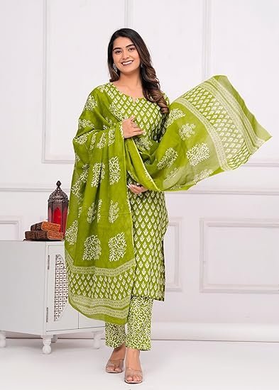 MEERA FAB Women's Cotton Printed Straight Kurta with Palazzo & Dupatta Set - Image 3