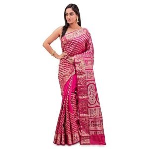PRANTIKA Women's Bishnupuri Katan Silk Meenakari Baluchari Swarnachari Bengal Saree Coral Pink