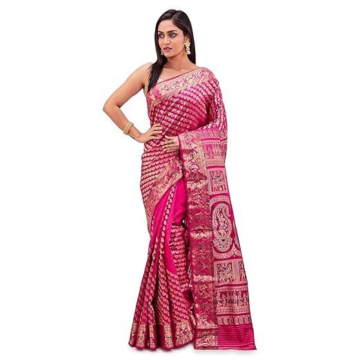 PRANTIKA Women's Bishnupuri Katan Silk Meenakari Baluchari Swarnachari Bengal Saree Coral Pink