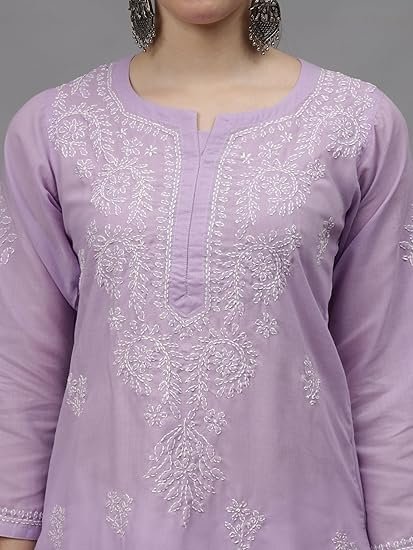 Seva Chikan Hand Embroidered Lucknowi Chikankari Cotton Kurta Kurti for Women SCL4655 - Image 2