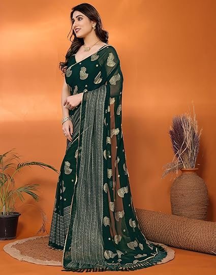 SIRIL Women's Georgette Foil Printed Saree with Unstitched Blouse Piece - Image 3