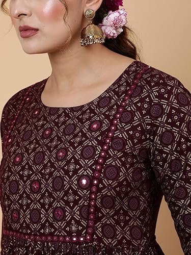 Ethnic Printed Cotton Blend Anarkali Dress, Burgundy, 3/4 Sleeve, Round Neck, Fit & Flare - Image 5