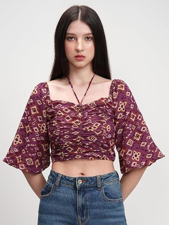 Women's Floral Printfitted Crop Top | Short Puff Sleeves | Chic & Feminine & Square Neck | Tops for Woman | Women Tops | Women Crop Top - Image 3