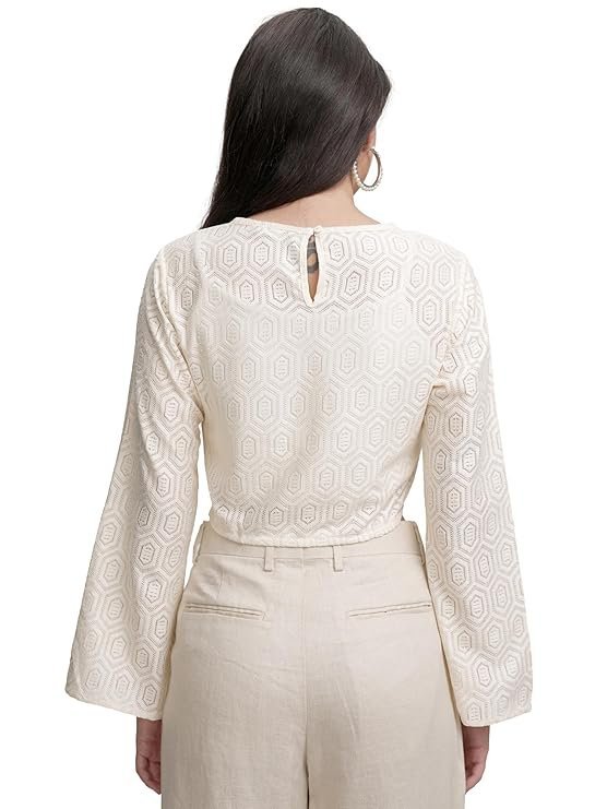 Tokyo Talkies Women's Bell Sleeve Crop Crochet Top | Closed Round Neck | Chic & Bohemian | Perfect for Festivals, Vacations & Casual Outings | Tops for Woman | Women Tops | Women Crop Top - Image 5