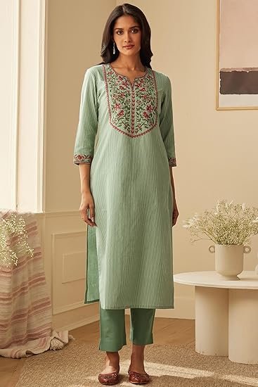 GoSriKi Women's Cotton Blend Embroidered Straight Kurta with Pant & Dupatta - Image 5