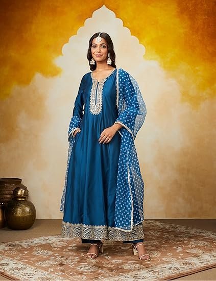 Myx Women's Embroidered Anarkali Kurta Pant Set with Organza Dupatta