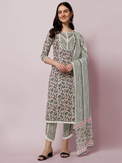 MIRCHI FASHION Women's Straight Fit Cotton Floral Printed and Embellished Kurta Set with Trouser Pant and Dupatta