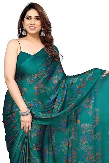 MIRCHI FASHION Women's Stylish Chiffon Leaf Printed Saree with Blouse Piece