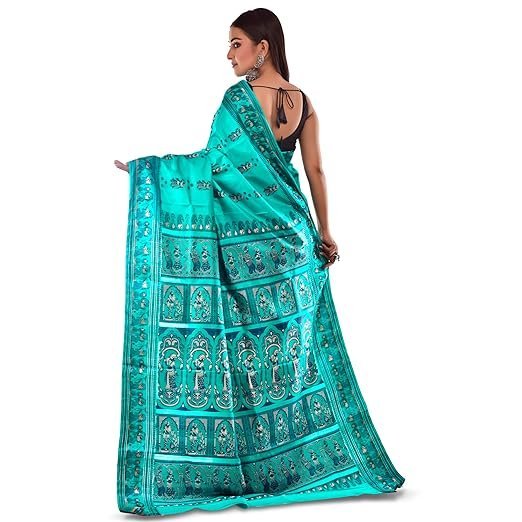PRANTIKA Women's Bishnupuri Katan Silk Meenakari Baluchari Swarnachari Bengal Saree Sea Green - Image 3