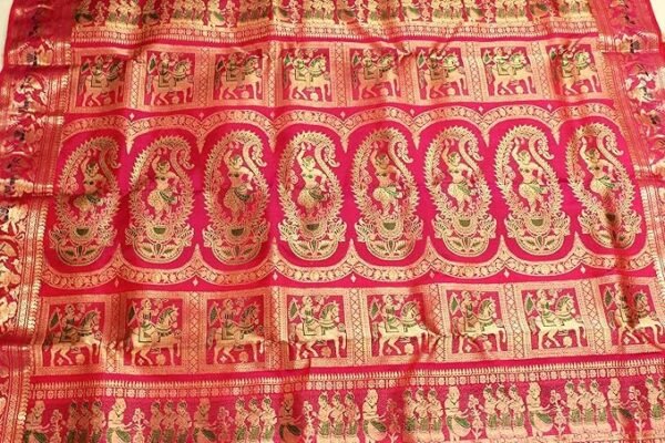 PRANTIKA Women's Bishnupuri Katan Silk Meenakari Baluchari Swarnachari Bengal Saree Coral Pink - Image 3