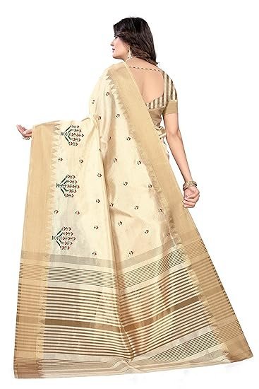 SERONA FABRICS Women's Assam Cotton Silk With Golden Border Thread Embroidery Saree With Blouse Piece - Image 5