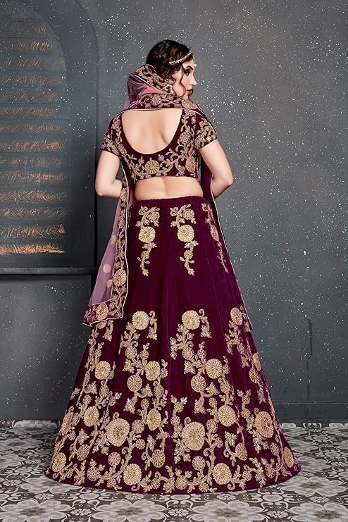 Zeel Clothing Women's Velvet Semi stitched Lehenga Choli (7204-Purple_Purple_Free Size) - Image 4