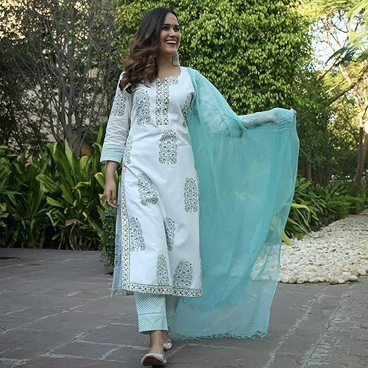 KLOSIA Women Pure Cotton Printed Straight Kurta with Pant & Dupatta Suit - Image 5