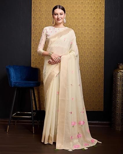 SWORNOF Womens Linen Silk Saree | Saree for Women With Unstitched Blouse | Saree with Blouse Piece | Soft and Skin Friendly - Image 3