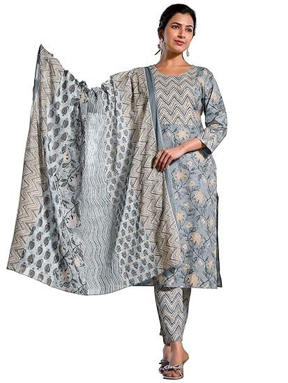 MIRCHI FASHION Women's Straight Fit Pure Cotton Jaipuri Floral Printed Sequins Thread Work Kurta Set with Dupatta and Trouser - Image 2