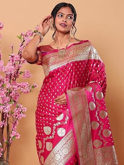 HerClozet Women's Banarasi Katan Silk Gold Zari Saree-6.3 Mtr(Dark Pink;Golden) - Image 3