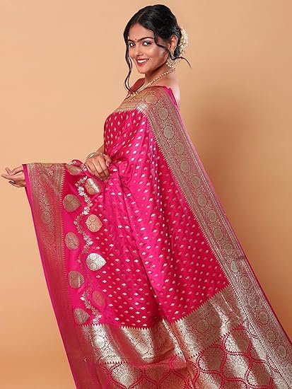 HerClozet Women's Banarasi Katan Silk Gold Zari Saree-6.3 Mtr(Dark Pink;Golden) - Image 5