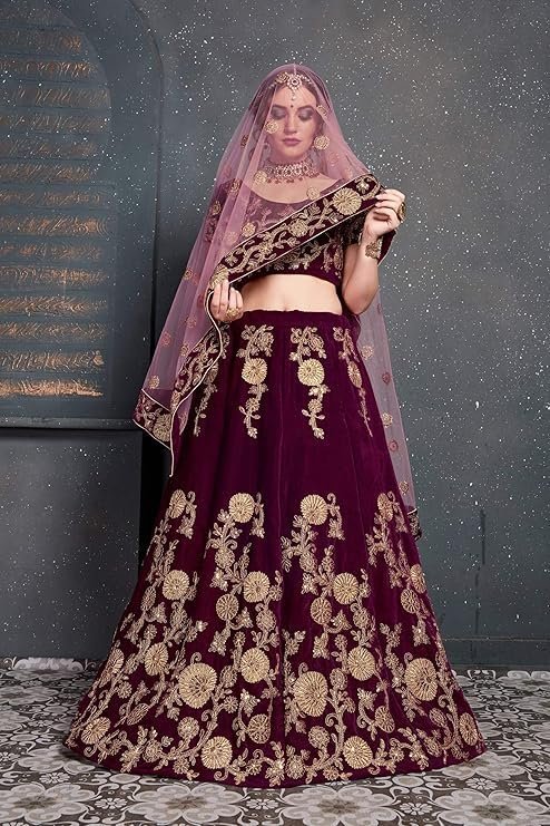 Zeel Clothing Women's Velvet Semi stitched Lehenga Choli (7204-Purple_Purple_Free Size) - Image 2