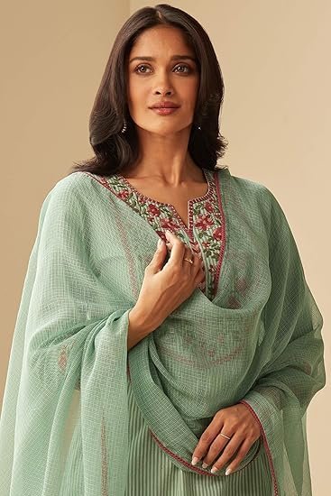 GoSriKi Women's Cotton Blend Embroidered Straight Kurta with Pant & Dupatta - Image 6