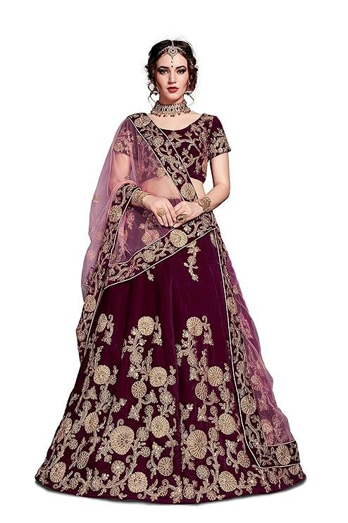Zeel Clothing Women's Velvet Semi stitched Lehenga Choli (7204-Purple_Purple_Free Size)