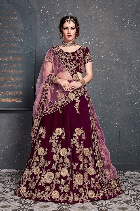 Zeel Clothing Women's Velvet Semi stitched Lehenga Choli (7204-Purple_Purple_Free Size) - Image 5