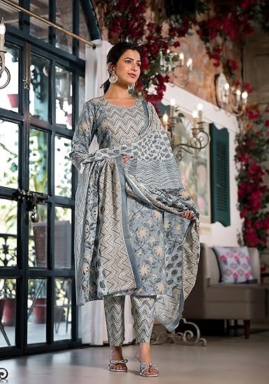 MIRCHI FASHION Women's Straight Fit Pure Cotton Jaipuri Floral Printed Sequins Thread Work Kurta Set with Dupatta and Trouser - Image 3