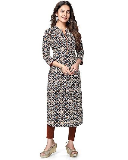 Rajnandini Women's Pure Cotton Jaipuri Printed Straight Kurti (Ready to Wear; Navy Blue and Red; S to 4XL)