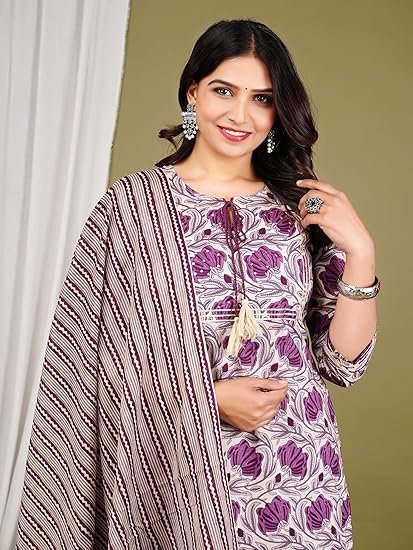 MOAJAZA Women's Cotton Handwork Straight Kurta with Pant & Dupatta