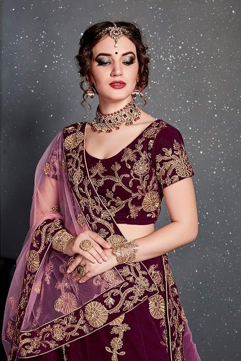 Zeel Clothing Women's Velvet Semi stitched Lehenga Choli (7204-Purple_Purple_Free Size) - Image 3