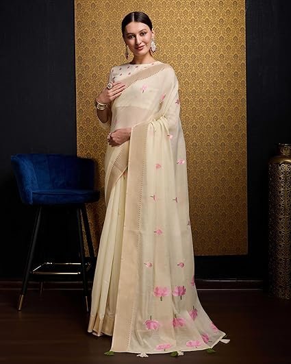 SWORNOF Womens Linen Silk Saree | Saree for Women With Unstitched Blouse | Saree with Blouse Piece | Soft and Skin Friendly - Image 4