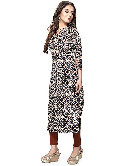 Rajnandini Women's Pure Cotton Jaipuri Printed Straight Kurti (Ready to Wear; Navy Blue and Red; S to 4XL) - Image 2
