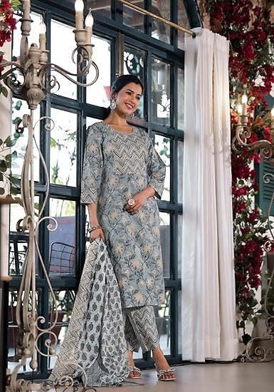 MIRCHI FASHION Women's Straight Fit Pure Cotton Jaipuri Floral Printed Sequins Thread Work Kurta Set with Dupatta and Trouser - Image 4