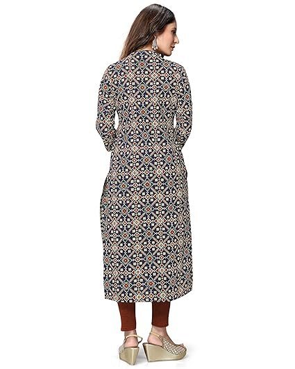 Rajnandini Women's Pure Cotton Jaipuri Printed Straight Kurti (Ready to Wear; Navy Blue and Red; S to 4XL) - Image 3