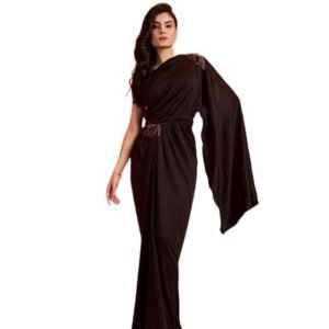 Shoulder Black Saree Gown Women - Party, Cocktail, Wedding Dress (Black)