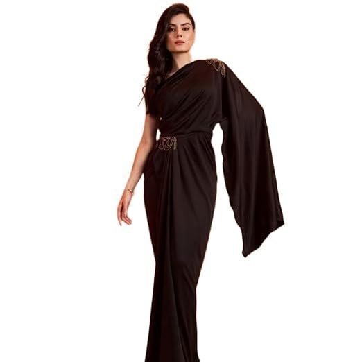 Shoulder Black Saree Gown Women - Party, Cocktail, Wedding Dress (Black)