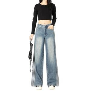 Women's Stylish Light-Colored High-Waisted Wide-Leg Jeans | Fashionable Three-Bar Design