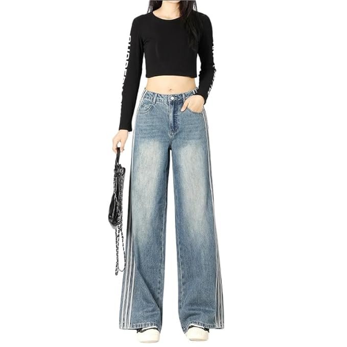 Women's Stylish Light-Colored High-Waisted Wide-Leg Jeans | Fashionable Three-Bar Design