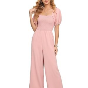 Fashion Women's Floral Short Sleeve High Waist Wide Leg Pants Casual Loose Smocked Jumpsuit Romper, Solid Pink, Large