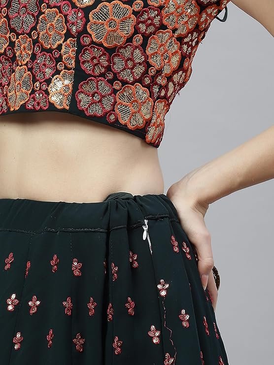 Women's Georgette Semi Stitched Lehenga Choli with Dupatta | Traditional, Wedding, Ethnic Wear Lehenga | Thread and Sequin Embroidery Pattern (Green) - Image 2