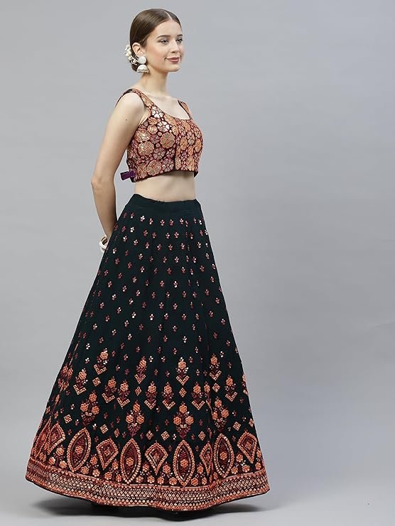 Women's Georgette Semi Stitched Lehenga Choli with Dupatta | Traditional, Wedding, Ethnic Wear Lehenga | Thread and Sequin Embroidery Pattern (Green) - Image 4