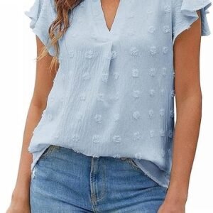 Women's V-Neck Pleated Ruffle Short Sleeve Chiffon Shirts Business Office Casual Top Shirts Fitted Tunic Blouse