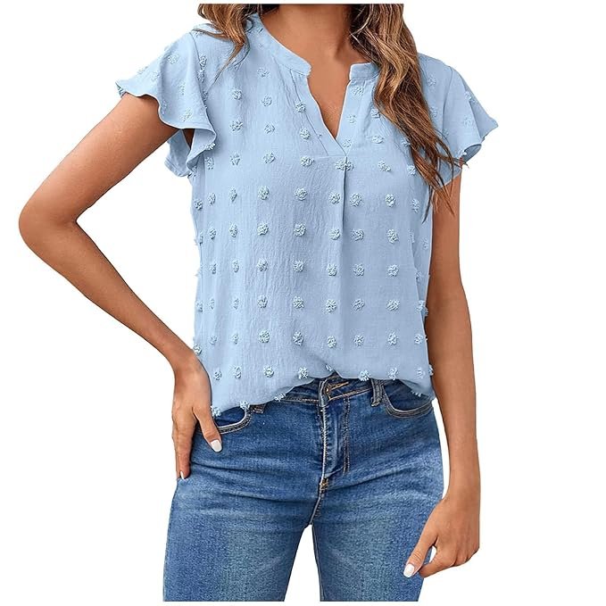 Women's V-Neck Pleated Ruffle Short Sleeve Chiffon Shirts Business Office Casual Top Shirts Fitted Tunic Blouse - Image 2