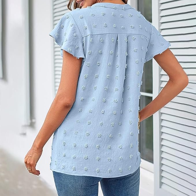 Women's V-Neck Pleated Ruffle Short Sleeve Chiffon Shirts Business Office Casual Top Shirts Fitted Tunic Blouse - Image 3